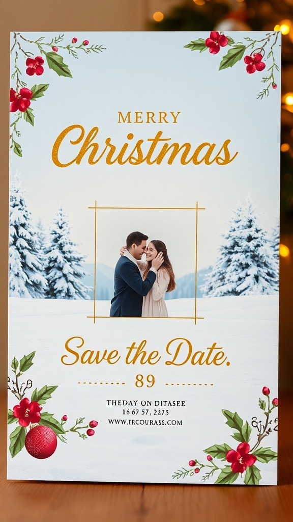 Creative Save the Date Ideas for Christmas Cards A festive save the date Christmas card with a family photo and holiday decorations.